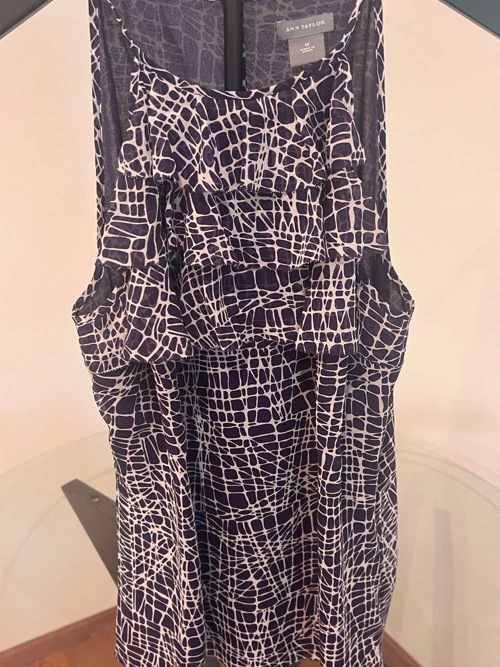 Ann Taylor Navy and Cream Printed Ruffle Tank Dress
